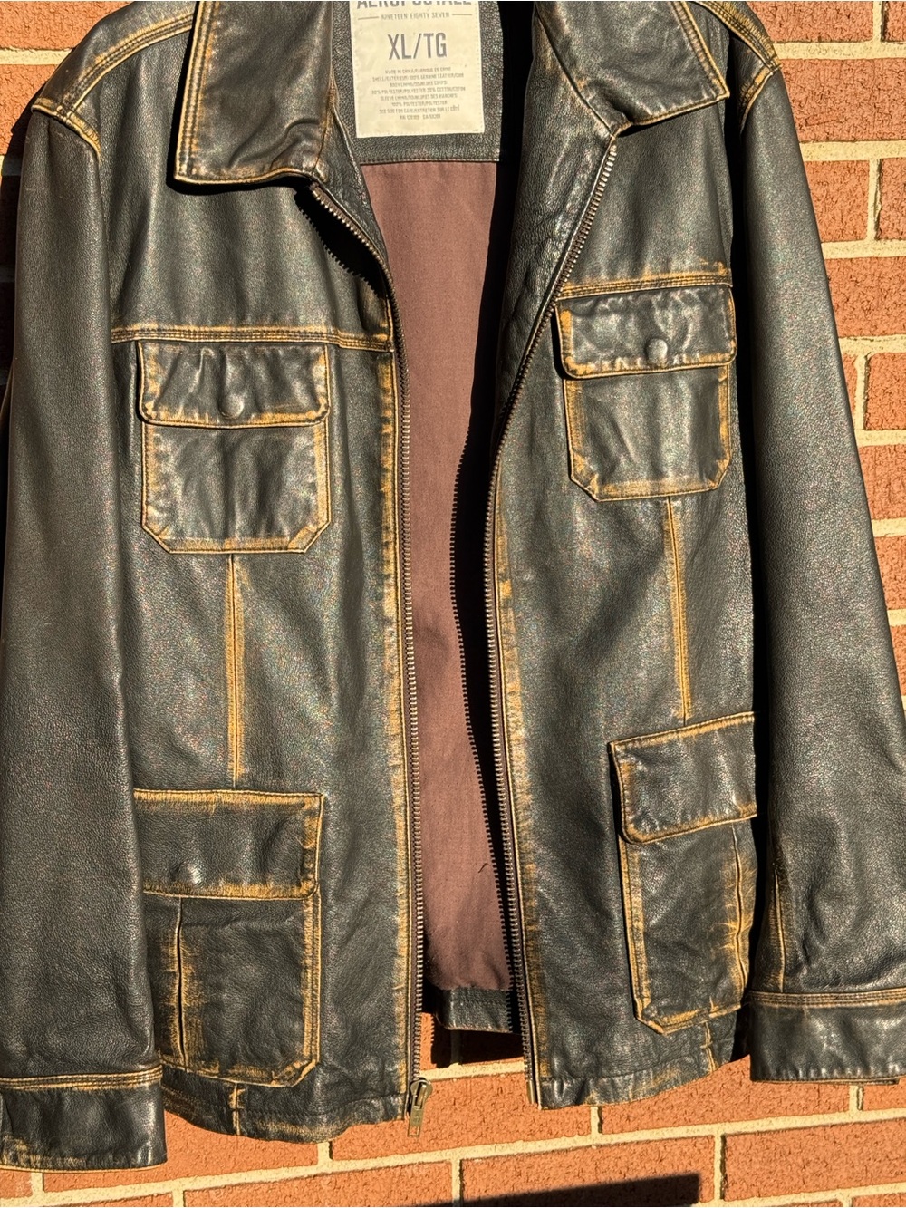 Aeropostale Black Faux Leather Field Jacket with Tan Accents